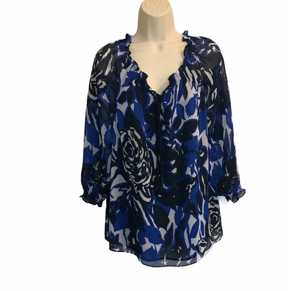 Dana Buchman Tops - Dana Buchman Blue Floral Print Blouse Shirt Large